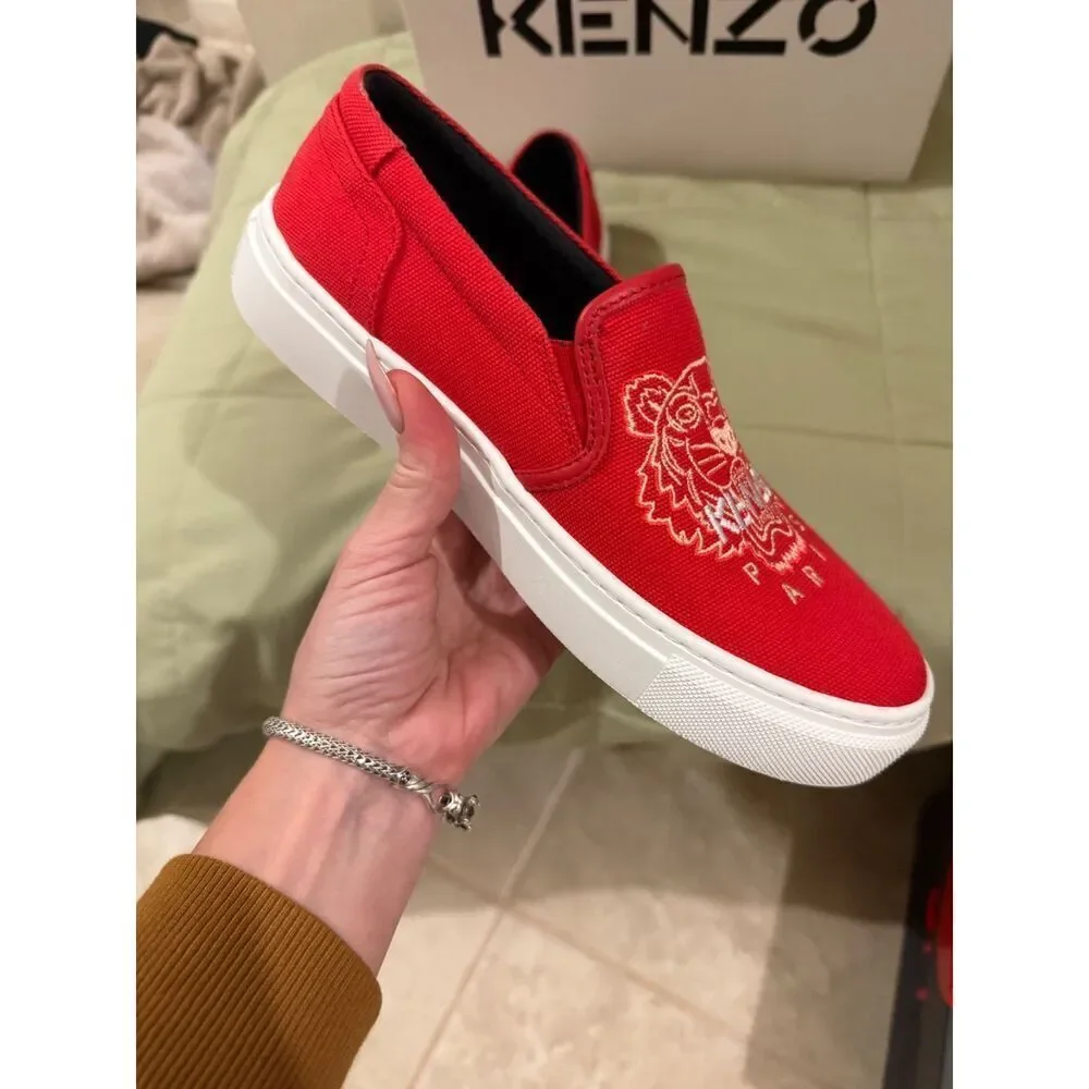 Kenzo K-Skate Tiger Embroidered Red White Women Slip On Sz 36 US5